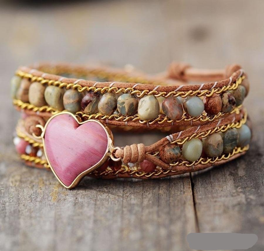 Natural Rhodonite & Jasper LOVE Wrap Bracelet