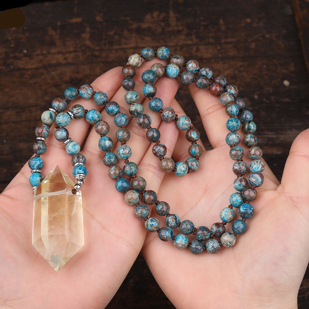 Natural Citrine Double Point Pendant with Ocean Jasper Stone Beads Necklace