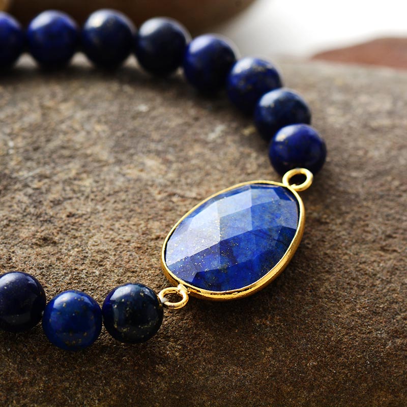 Boho Lapis Lazuli Beaded Bracelet with Natural Stone Charm