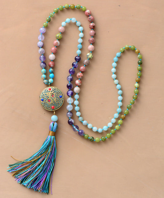 Natural Amazonite, Indian Agate & Amethyst 108 Beads Mala