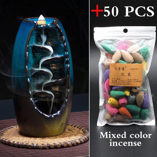 Ceramic Mountain Waterfall Backflow Incense Burner + 50 incense cones