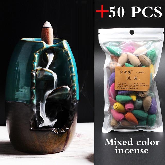 Ceramic Mountain Waterfall Backflow Incense Burner + 50 incense cones