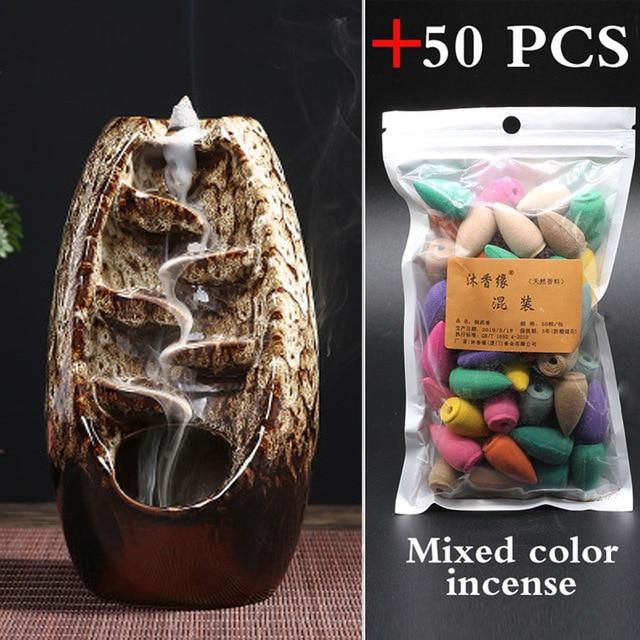 Ceramic Mountain Waterfall Backflow Incense Burner + 50 incense cones