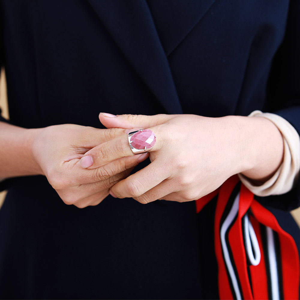 Natural Rhodonite Silver Cuff Ring