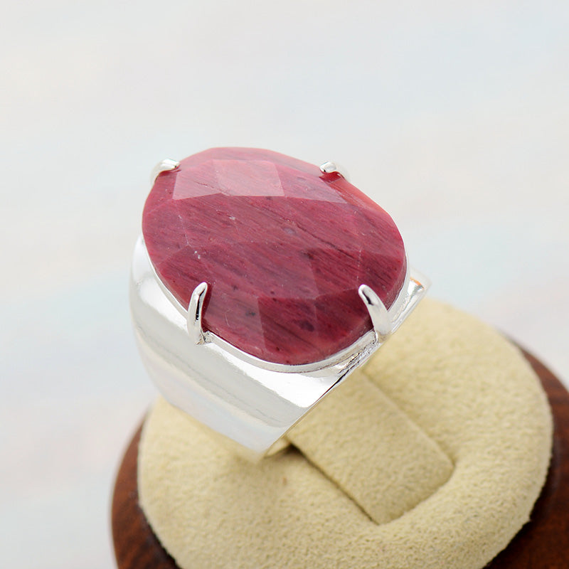 Natural Rhodonite Silver Cuff Ring