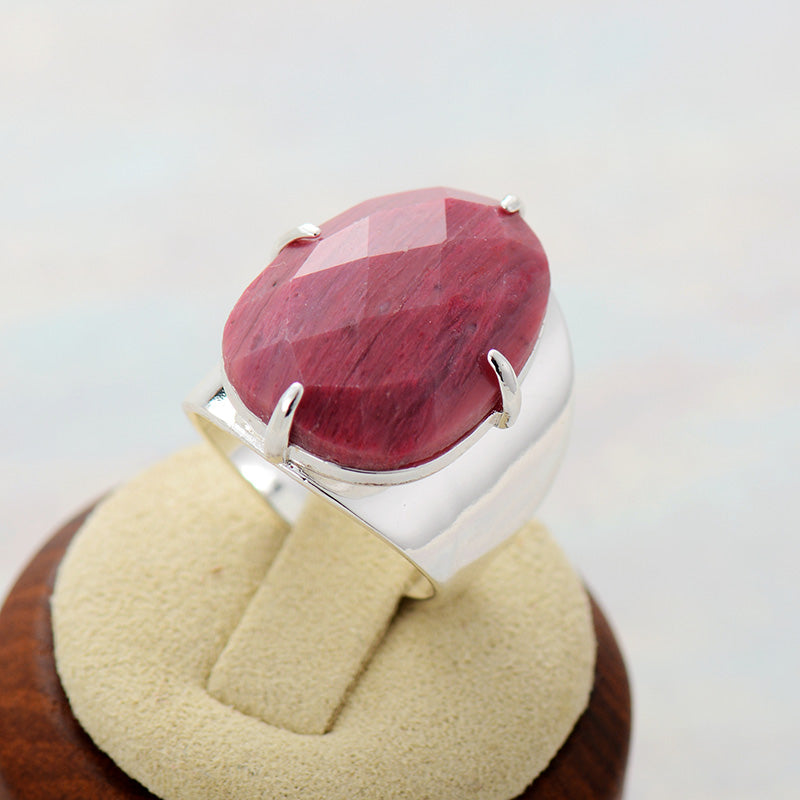 Natural Rhodonite Silver Cuff Ring