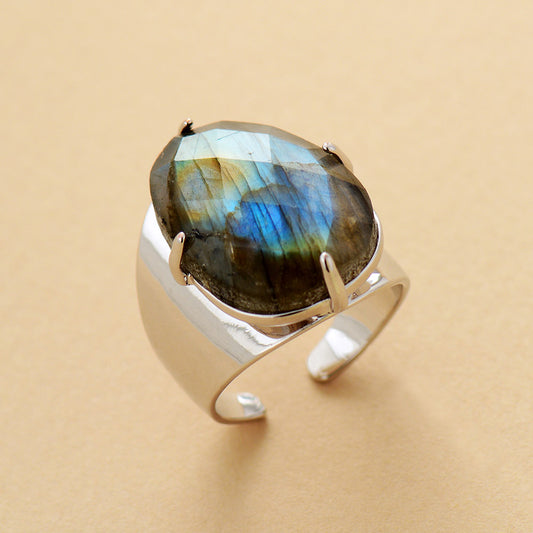 Natural Labradorite Silver Cuff Ring