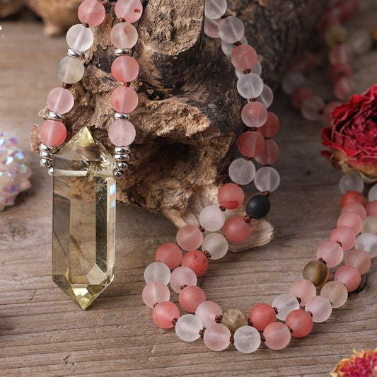 Natural Watermelon Stone & Double Point Citrine Necklace