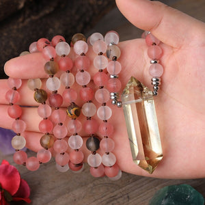 Natural Watermelon Stone & Double Point Citrine Necklace