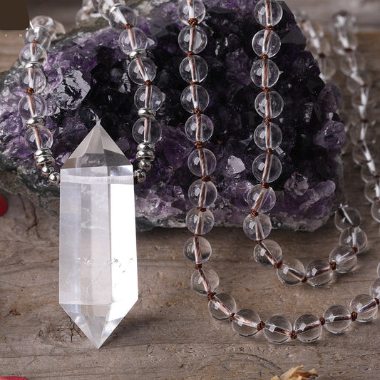 Natural Clear Quartz Beaded Necklace with Double Point Quartz Pendant