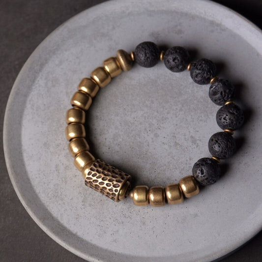 Hand-Forged Brass Beads and Charm with Lava Stones Bracelet