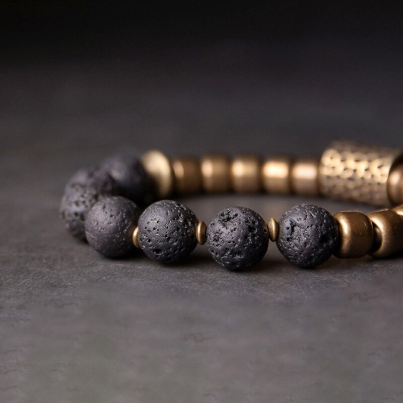 Hand-Forged Brass Beads and Charm with Lava Stones Bracelet