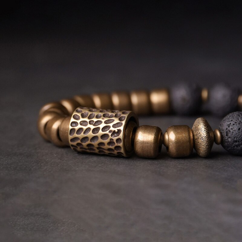 Hand-Forged Brass Beads and Charm with Lava Stones Bracelet