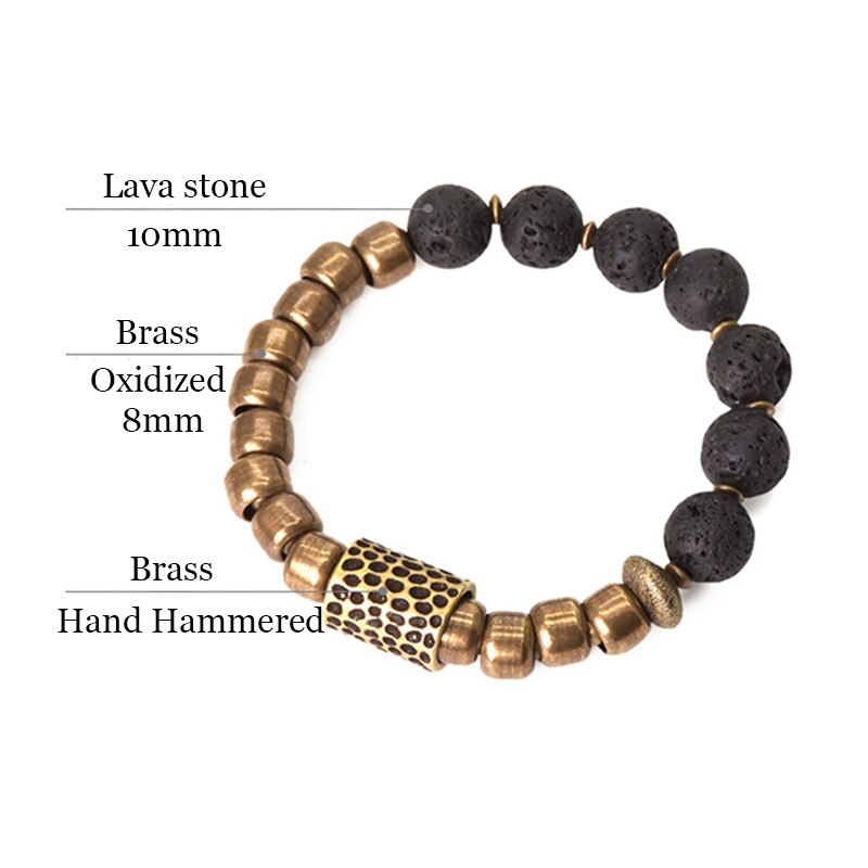 Hand-Forged Brass Beads and Charm with Lava Stones Bracelet