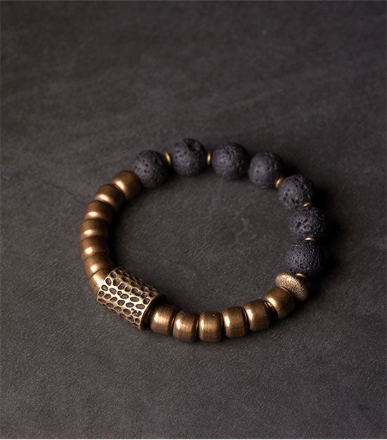 Hand-Forged Brass Beads and Charm with Lava Stones Bracelet