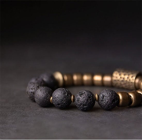 Hand-Forged Brass Beads and Charm with Lava Stones Bracelet