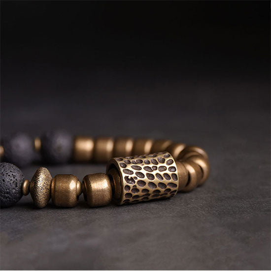 Hand-Forged Brass Beads and Charm with Lava Stones Bracelet