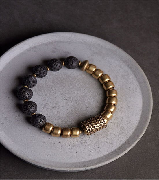 Hand-Forged Brass Beads and Charm with Lava Stones Bracelet