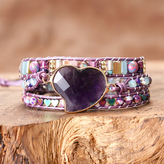 Natural Amethyst Heart & Jasper Beads Wrap Bracelet