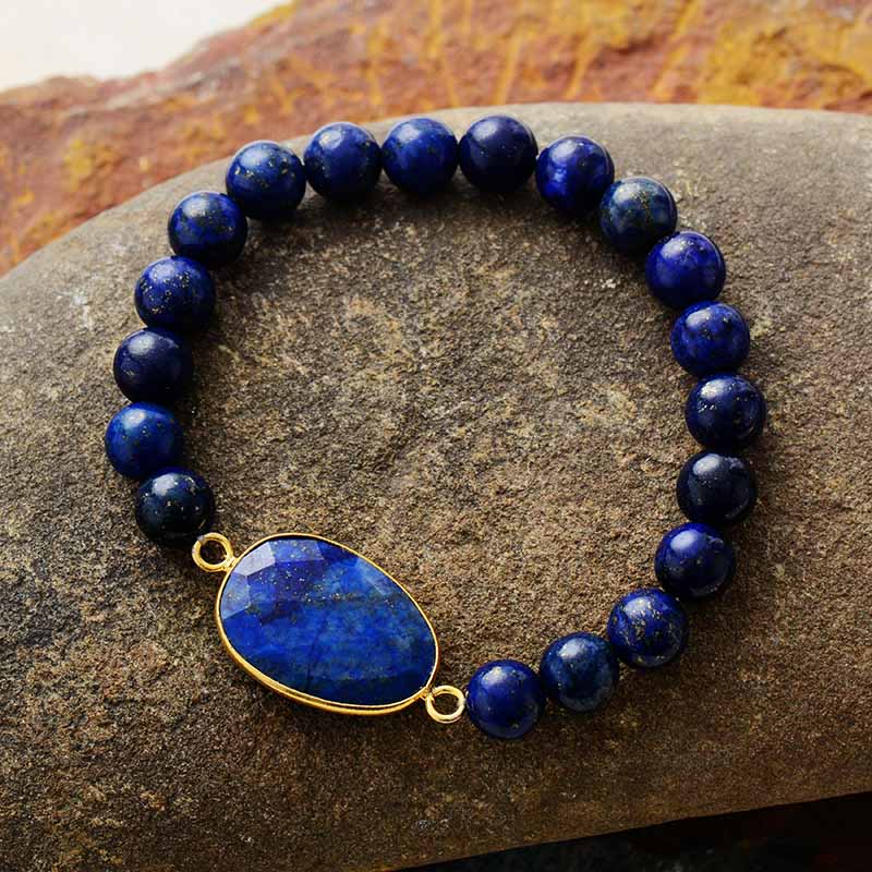 Boho Lapis Lazuli Beaded Bracelet with Natural Stone Charm