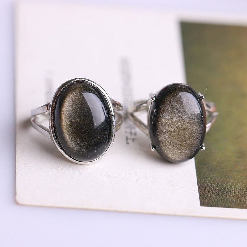 Top Quality Silver Ring with Natural Gold Sheen Obsidian Oval Stone