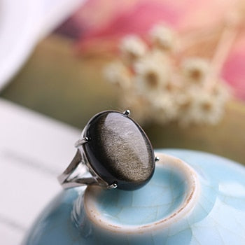 Top Quality Silver Ring with Natural Gold Sheen Obsidian Oval Stone