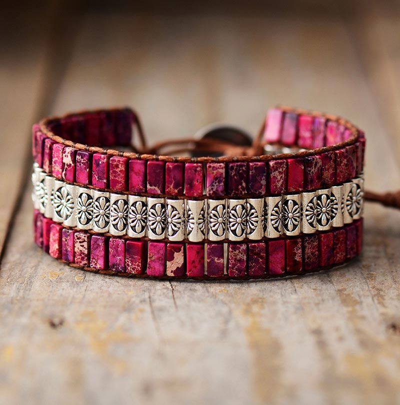 Handmade Leather and Wine Red Jasper Wrap Bracelet