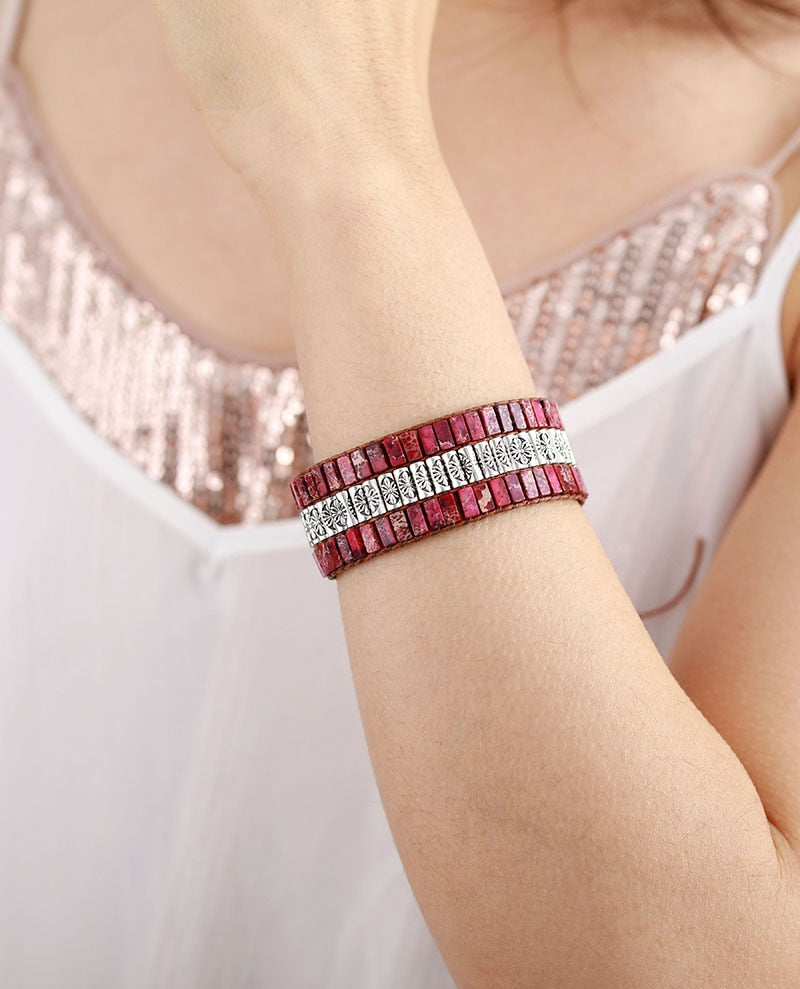 Handmade Leather and Wine Red Jasper Wrap Bracelet