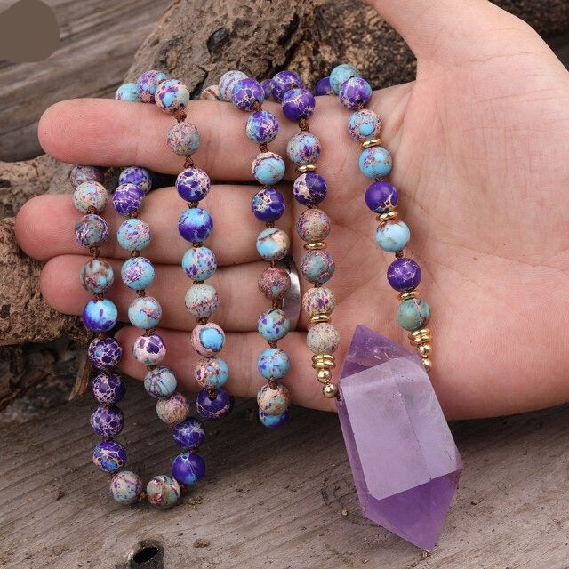 Natural Amethyst Wand-point Pendant Purple Jasper Beads