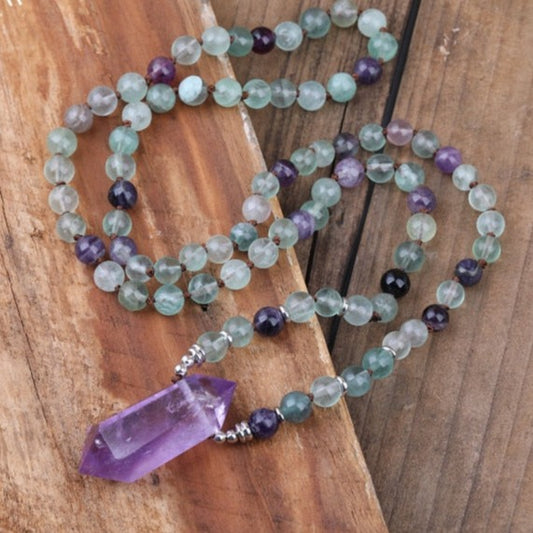 Natural Amethyst Wand-point Pendant Fluorite Beads