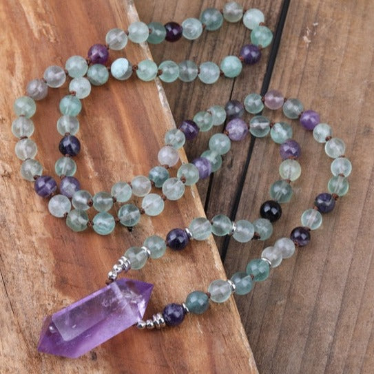 Natural Amethyst Wand-point Pendant Fluorite Beads