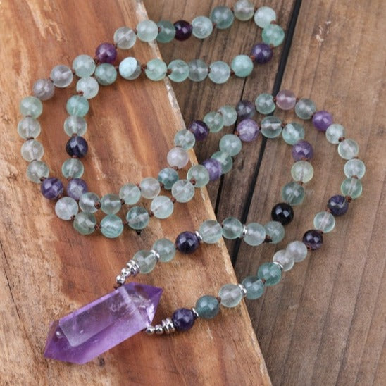 Natural Amethyst Wand-point Pendant Fluorite Beads