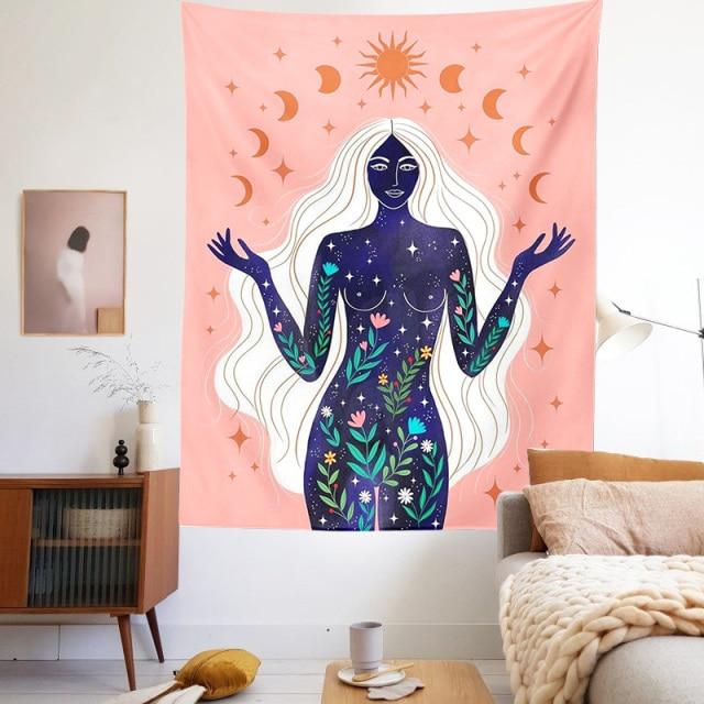 Moon Phases Tapestry Rainbow Girl