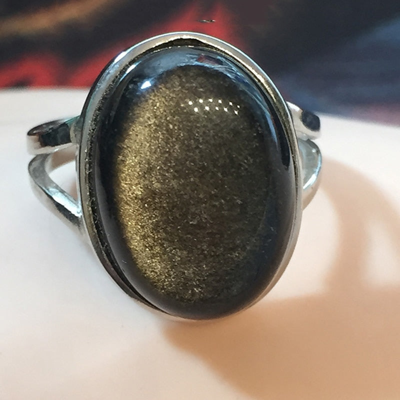 Top Quality Silver Ring with Natural Gold Sheen Obsidian Oval Stone