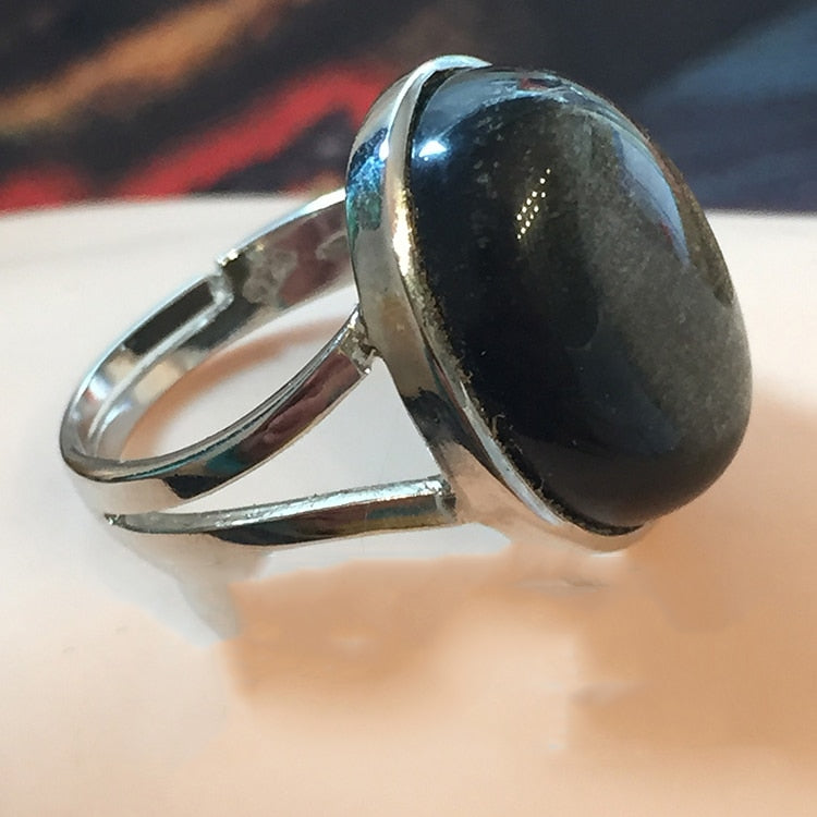 Top Quality Silver Ring with Natural Gold Sheen Obsidian Oval Stone