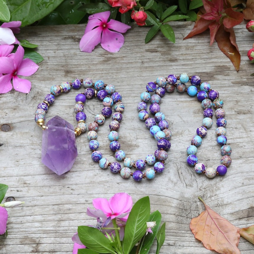 Natural Amethyst Wand-point Pendant Purple Jasper Beads