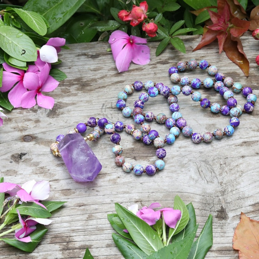 Natural Amethyst Wand-point Pendant Purple Jasper Beads