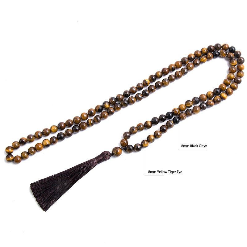 Natural Tiger Eye and Black Onyx 108 Mala Beads Necklace