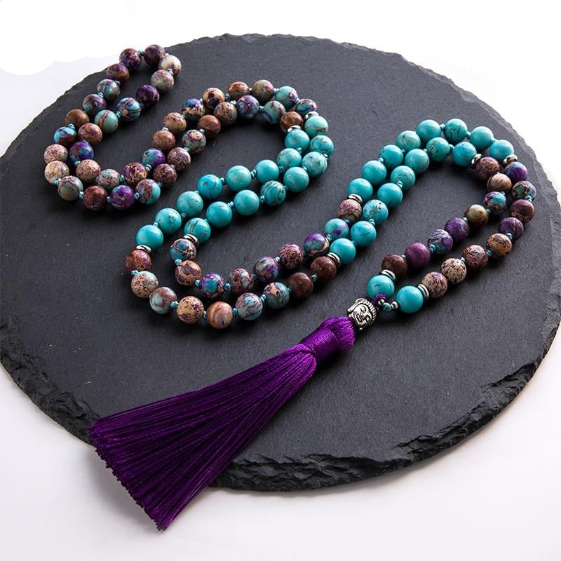 108 Natural Turquoise and Violet Jasper Bead Necklace