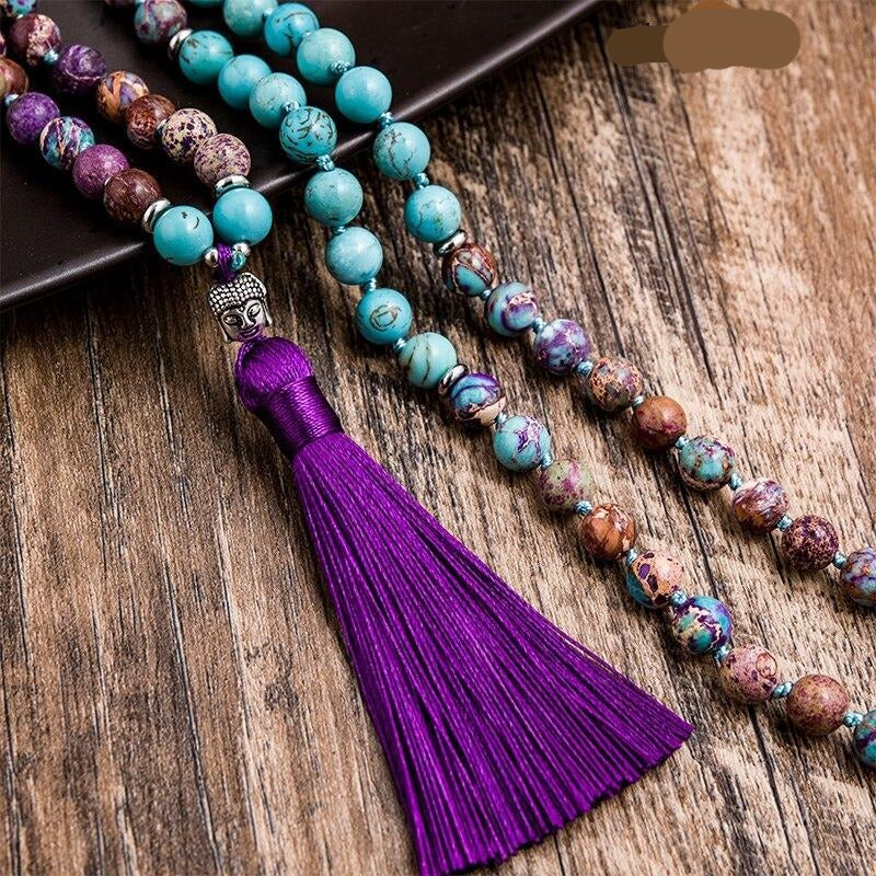 108 Natural Turquoise and Violet Jasper Bead Necklace