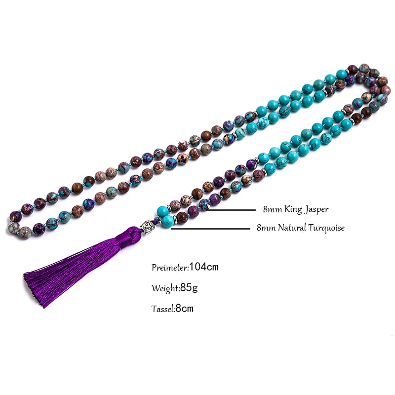 108 Natural Turquoise and Violet Jasper Bead Necklace