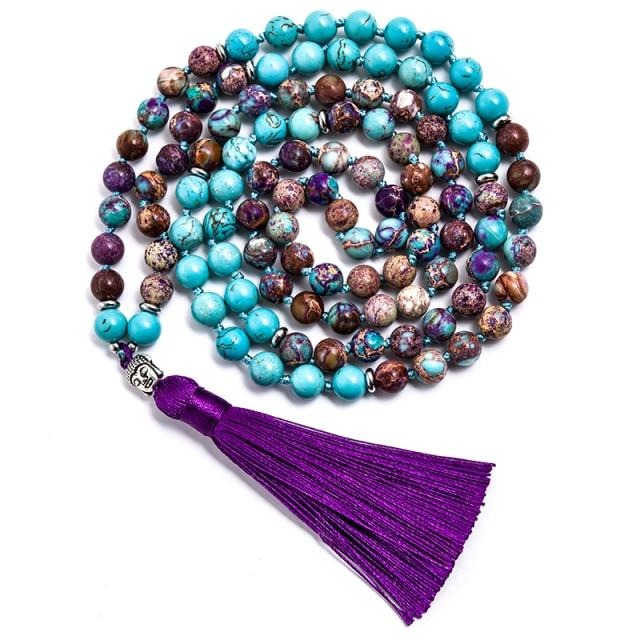 108 Natural Turquoise and Violet Jasper Bead Necklace