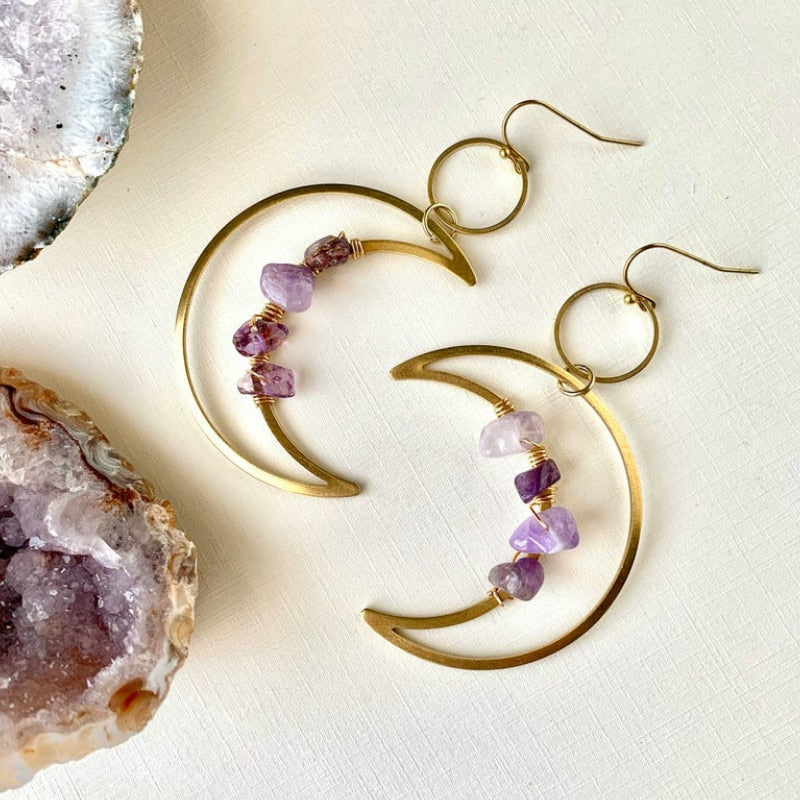 Crescent moon earrings with Amethyst/ White Quartz Stones