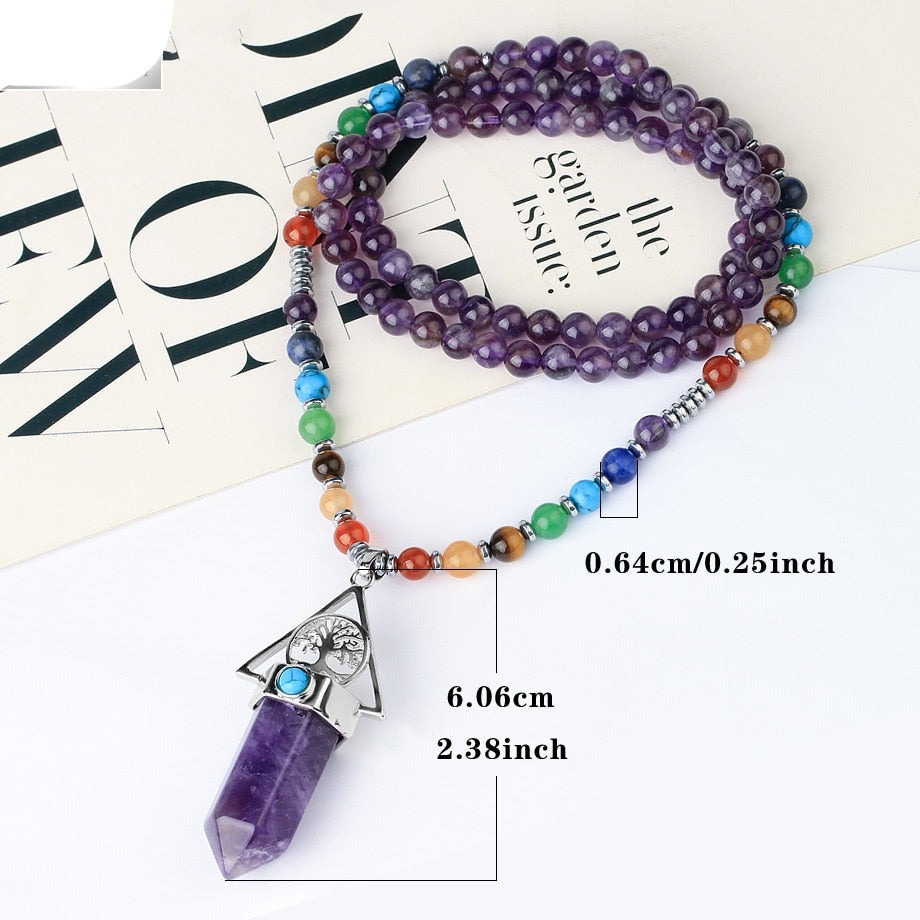 108 Natural Amethyst and Chakras Beads Necklace with Tree of Life