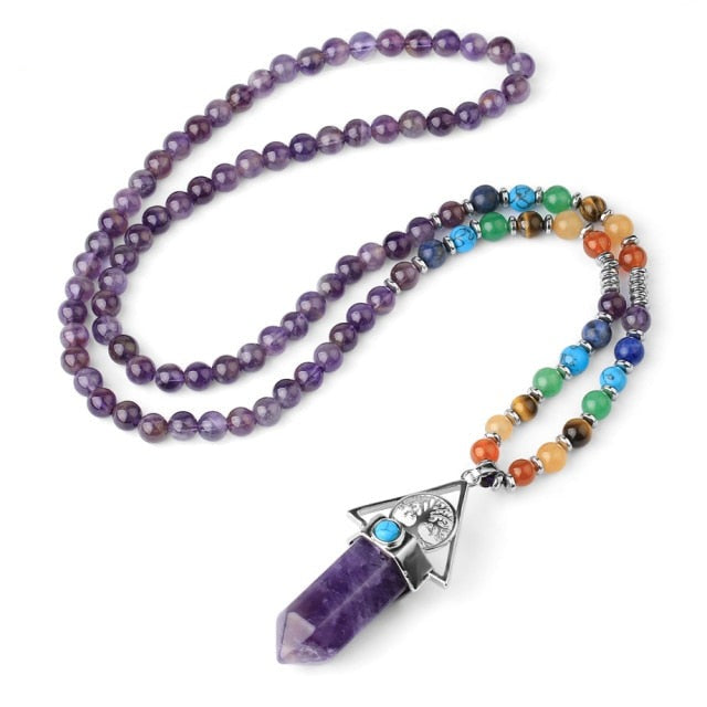 108 Natural Amethyst and Chakras Beads Necklace with Tree of Life