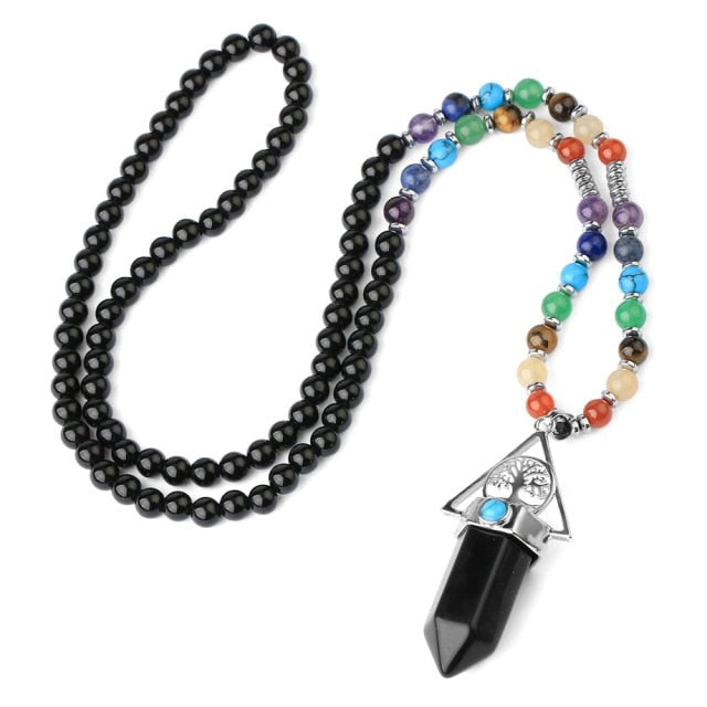 108 Natural Black Obsidian and Chakras Beads Necklace with Tree of Life