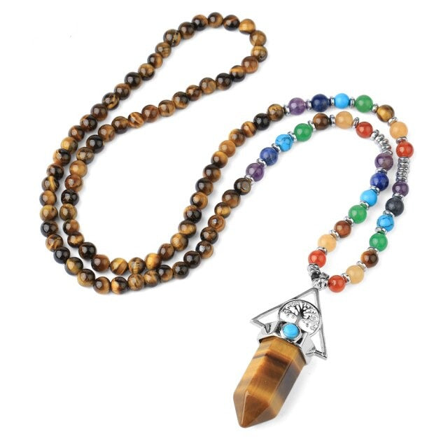 108 Natural Tiger Eye and Chakras Beads Necklace with Tree of Life