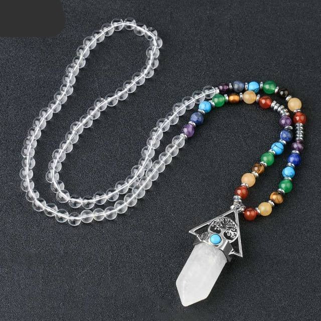 108 Natural White Quartz and Chakras Beads Necklace with Tree of Life