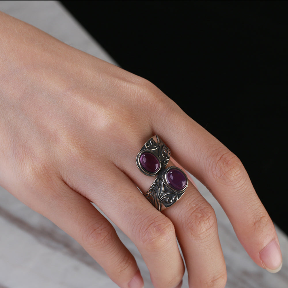 Retro Double Amethyst Silver Ring