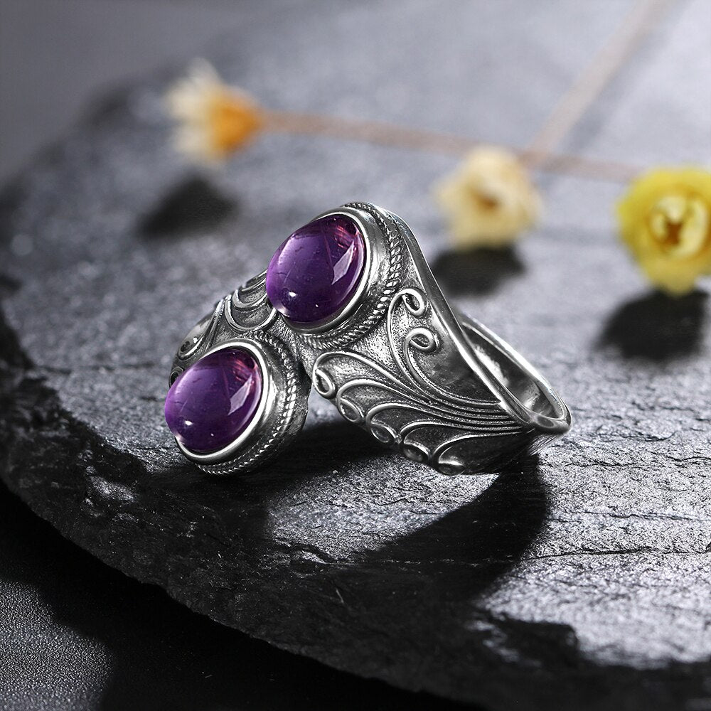 Retro Double Amethyst Silver Ring